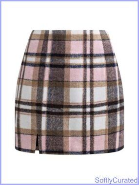 High Waisted Plaid Bodycon Mini Skirt Slit Pencil Skirt